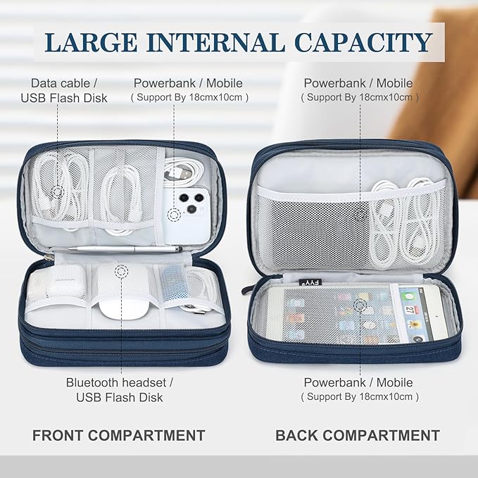 FYY Electronic Organizer, Large Travel Cable Organizer Bag Pouch Electronic Accessories Carry Case Portable Waterproof Double Layers All-in-One Storage Bag for Cable, Cord, Charger, Phone, Navy