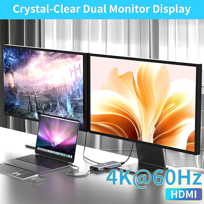 Laptop Docking Station, 12-in-1 USB C Hub – Dual Monitor with 1x 4K@60Hz HDMI, VGA, 100W PD, Ethernet, 3× USB 3.0, USB-C Data Port, SD/TF Card Reader, Audio – Compatible with MacBook, Dell, HP, Lenovo