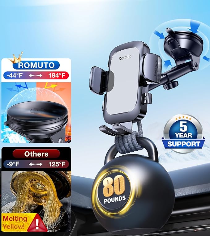 Romuto Car Phone Holder Mount【2025 Strongest Suction】 Phone Mount for Car Dash Pad Cell Phone Holders for Your Car Accessories for Women Men Dashboard/Windshield/Vent Truck Stand for iPhone Samsung