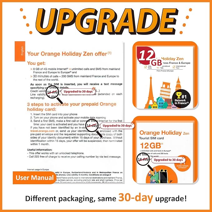 Orange Holiday Europe Prepaid Sim 12GB Internet Data | 30 Days-Use | Data tethering Allowed | 30min & 200 SMS from Europe to Any Country Worldwide+1 Sim Card Holder+1 Pin