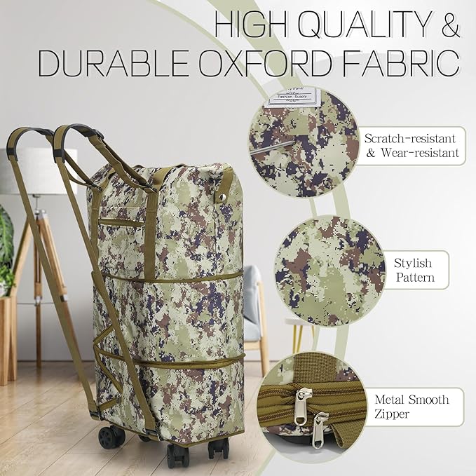 VOOWO Duffel Bag with Wheels - Rolling Foldable Expandable Duffle Bag with Wheels for Travel, Rolling Luggage Carry On Bag with Wheels, Large Rolling Backpack Weekend Bags for Men Women (Camouflage)