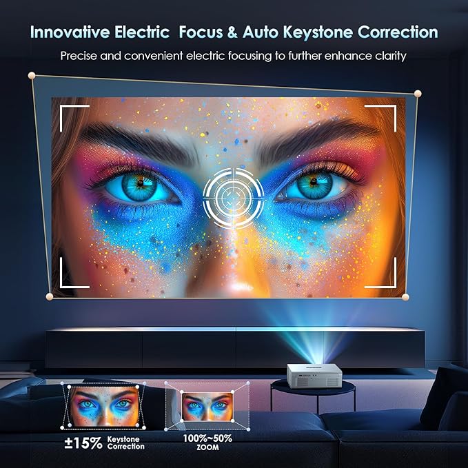 [Electric Focus] 4K Support Projector with WiFi6 and Bluetooth 5.3, Outdoor Projectors for Outside Video Use, OWNKNEW Gaming Movie Proyector, Auto Keystone Correction