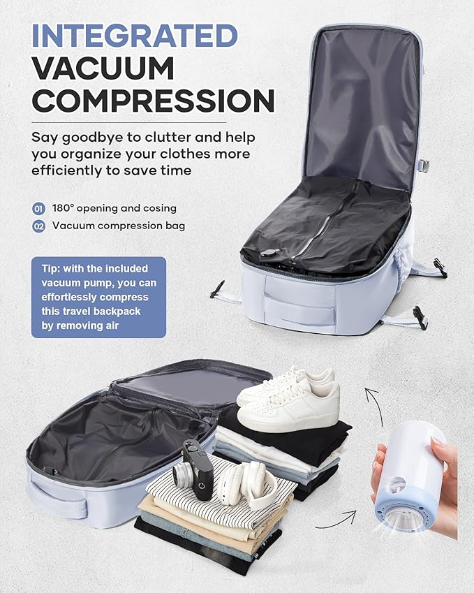 Vacuum Travel Backpack with Pump for Women,Personal Item Carry on Backpacks Flight Approved 18x14x8 inches for Men,Laptop Waterproof Work Compression bags Casual Daypack Grey