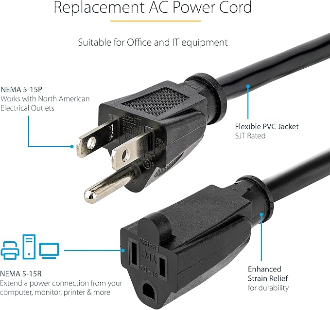 StarTech.com 10ft (3m) Heavy Duty Extension Cord, NEMA 5-15R to NEMA 5-15P Black Extension Cord, 15A 125V, 14AWG, Heavy Gauge Power Extension Cable, Heavy Duty AC Power Cord, UL Listed (PAC1011410)