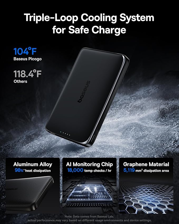 Baseus Picogo Power Bank, 0.5" Ultra Slim 10000mAh MagSafe Portable Charger, 27W Fast Charging Magnetic Battery Pack, Upgraded Polished Alloy Wireless Charger for iPhone 17 Pro Max/Air/16/15/14/13/12