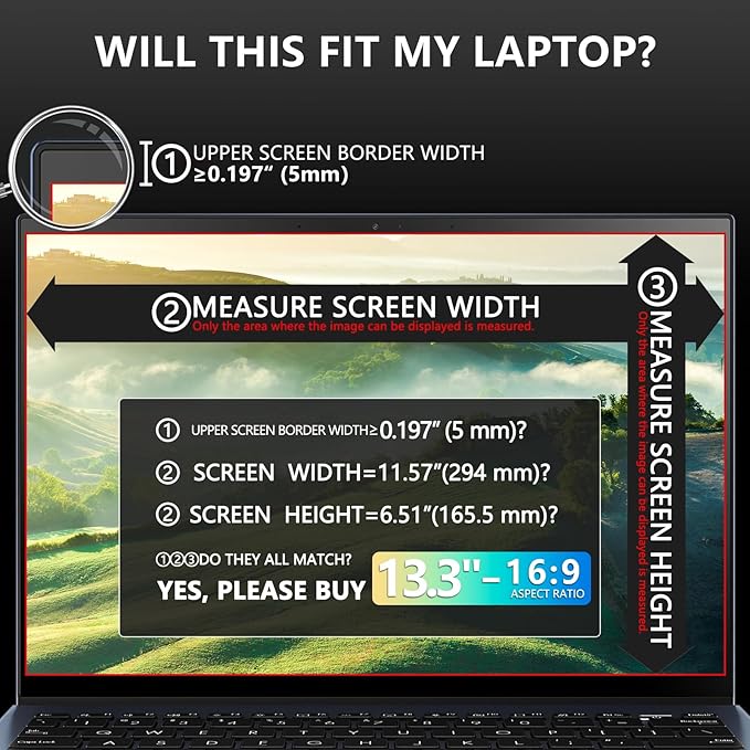 FILMEXT Magnetic Laptop privacy screen 13.3 inch for 16:9 Widedisplay, Removable Laptop Privacy Screen Shield Anti Glare Blue Light Filter for HP/Dell/Acer/Lenovo/Asus