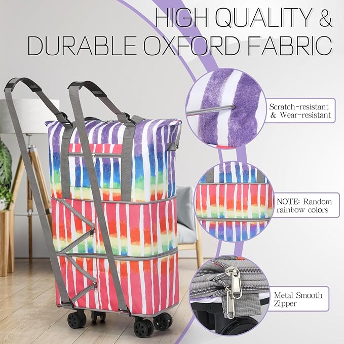 VOOWO Rolling Duffel Bag - Foldable Expandable Duffle With Wheels for Travel, Luggage Carry On, Large Backpack Weekend Bag for Men Women (Rainbow)