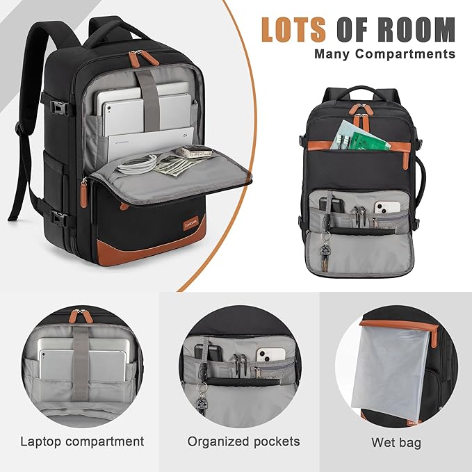 40L Travel Backpack with USB Charging Port, Water-Resistant Carry On Backpack for Men Women, Business Laptop Backpack for Trips & Commutes, Fits 15.6/17.3 Inch Laptop