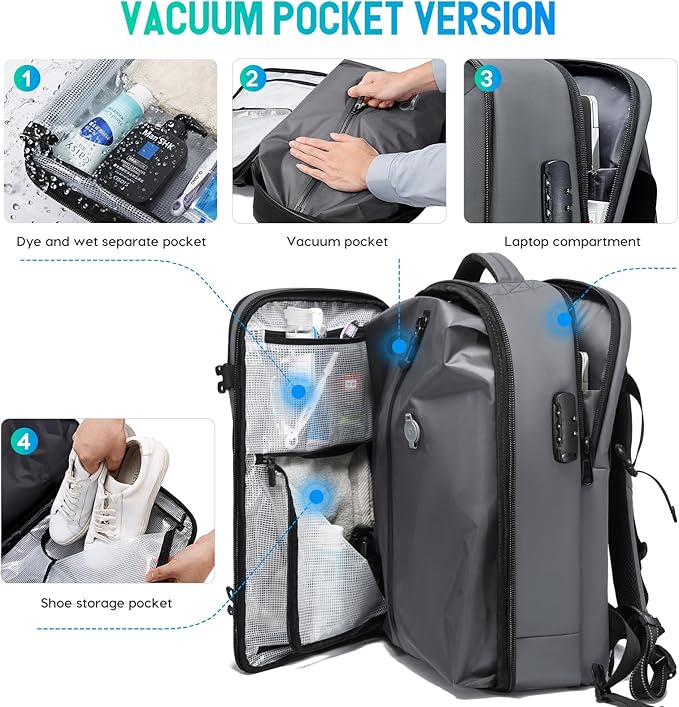 BANGE Travel Backpack with Vacuum Pocket and TSA lock version can hold 15.6 inch Laptop suitable Overnight Flight Approved Anti-theft Bag