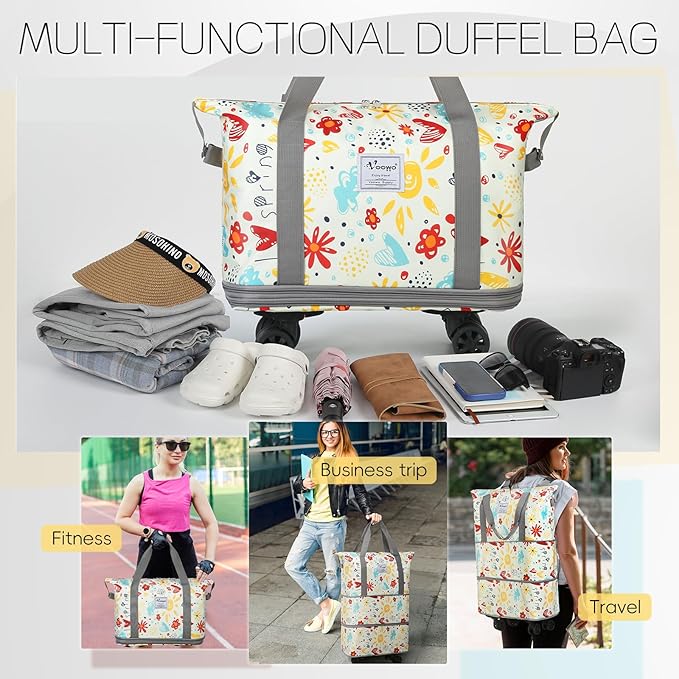 VOOWO Rolling Duffel Bag with Wheels - Foldable Expandable Duffle Bag with Wheels for Travel, Rolling Luggage Bag Carry On Bag with Wheel, Large Rolling Backpack Weekend Bag for Men Women (Flower)