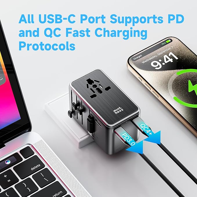Minthouz Universal Travel Adapter, International 100W Power Adapter GaN Fast Charger with 2 USB-C PD, 1 USB-C Cable &A Ports, All-in-One Portable AC Power Plug Adapter for USA EU UK AUS