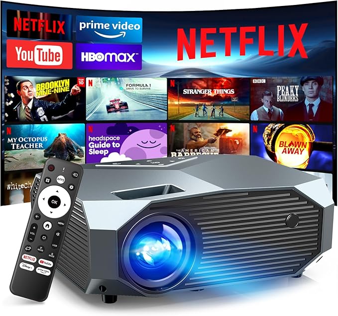 [Netflix Officially/High Brightness] Smart Projector with WiFi 6 and Bluetooth 5.3, 4K Outdoor Movie Projector with NETFLIX/Prime Video/YouTube, Portable Proyector Compatible with HDMI/USB/iOS/Android