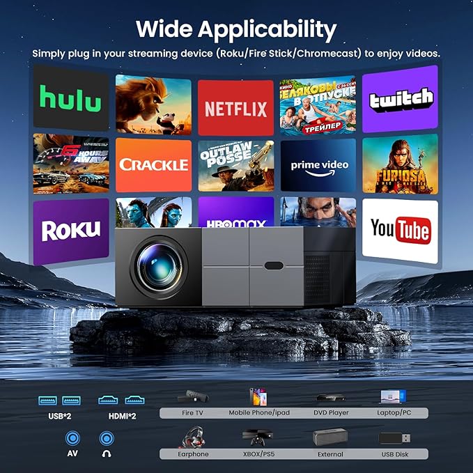 Projector with WiFi6 and Bluetooth5.3 - [High Brightness/Electric Focus]Outdoor Movie Projector and Screen,YOWHICK Portable Smart Home Projector 1080P 4K Supported for Movie Night/Home Theater/Bedroom