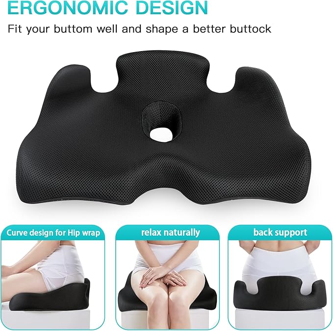 Benazcap Standard Memory Seat Cushion for Office Chair Pressure Relief Sciatica & Tailbone Pain Relief Firm Coccyx Pad for Long Sitting, Office Chair, Gaming Chair and Car Seat-Black, Standard Size