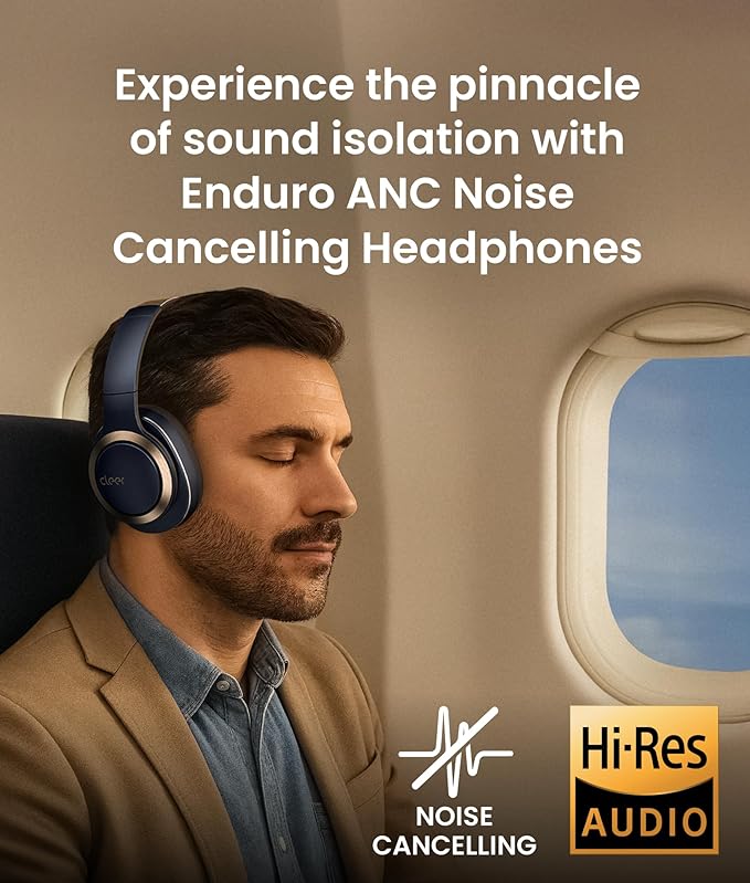Cleer Enduro ANC Noise Cancelling Over the Ear Bluetooth Headphones with Mic, 60 Hrs Playtime, Noise Canceling, Ambient EQ Modes, Hi-Res Audio, Deep Bass, Multi-Point Connect, Bluetooth 5.0, Dark Navy