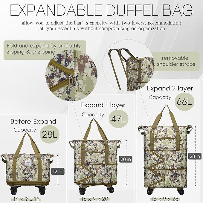 VOOWO Duffel Bag with Wheels - Rolling Foldable Expandable Duffle Bag with Wheels for Travel, Rolling Luggage Carry On Bag with Wheels, Large Rolling Backpack Weekend Bags for Men Women (Camouflage)