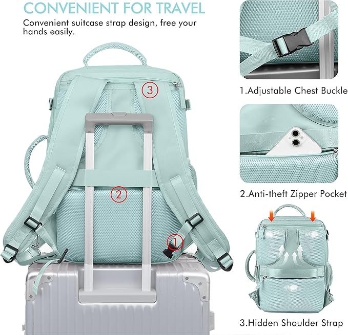 Beraliy Large Travel Backpack for Women Airline Approved, Carry On Backpack, 17 Inch Laptop Backpack, Personal Item Bag Casual Daypack Backpacks, Mint Green