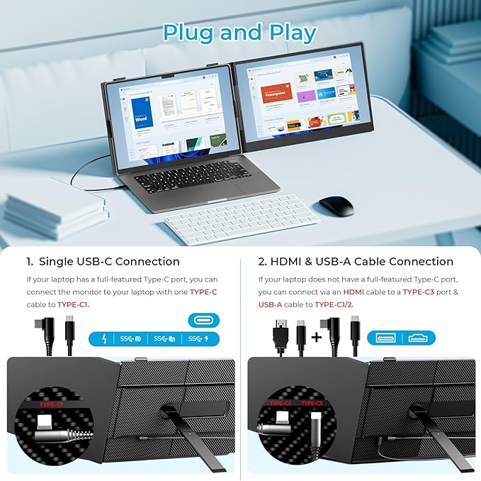 Laptop Screen Extender Ultra-Thin, 14" FHD 1080P Dual Portable Monitor for Laptop, 1.3lbs Lightweight Travel Monitor Extender Fit 13”-17.3”, Plug and Play for Windows/Mac/Android/Chrome