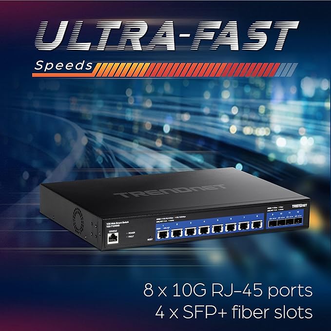 TRENDnet 12-Port 10G Web Smart Switch, TEG-7124WS, 8 x 10G RJ-45 Ports, 4 x SFP+ Slots, Ethernet Splitter, NDAA & TAA Compliant, Rack Mountable Housing, Lifetime Protection, Black