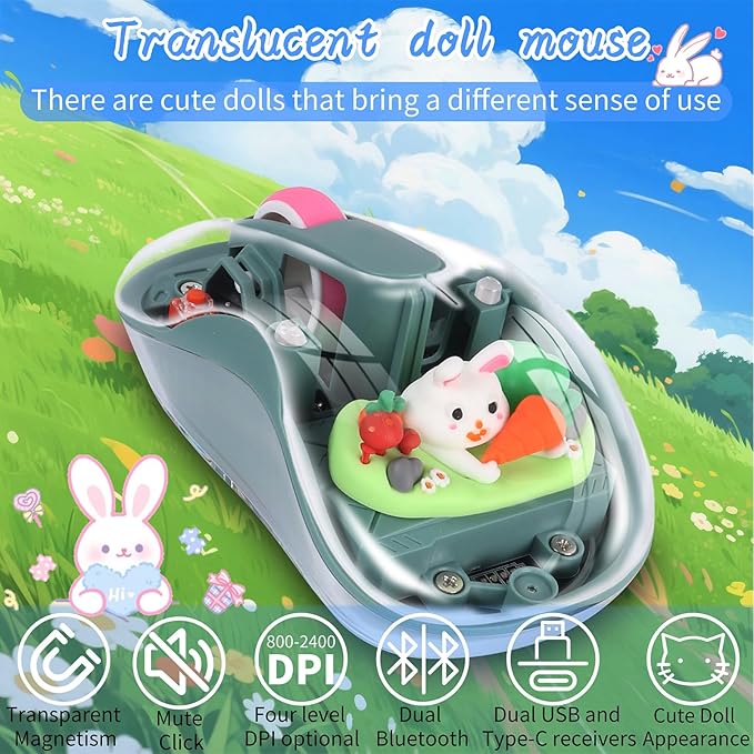 elec Space Cute Wireless USB C Mouse - Bluetooth Triple Mode Rechargeable Cartoon Mouse for Laptops, iPads & MacBook Air/Pro - Silent Operation, Portable Design, Unique Magnetic Character (Green)