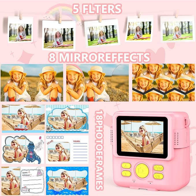 Instant Print Camera for Kids,Christmas Birthday Gifts for Age 3-12 Girls Boys，1080P HD Digital Video Cameras for Toddler,Kids Portable Toy with 3 Rolls Photo Paper，32GB Card-Pink