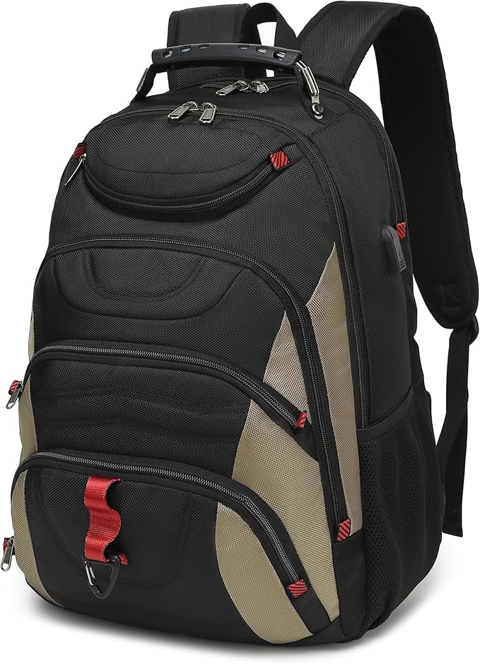 Boavan Laptop Backpack for men, 17.3 inch Laptop Bag with USB Port, Waterproof Travel Work Backpack Purse, Anti-Theft Teacher Nurse Doctor Casual Bookbags Office Business backpack，Black&Khaki