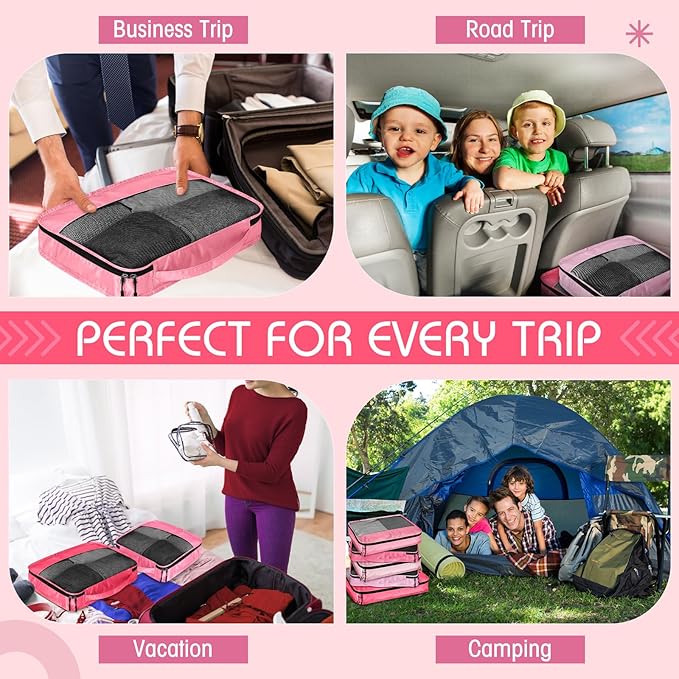 5 Pcs Packing Cubes for Suitcase Large Travel Cubes Carry on Luggage Organizer Bags for Clothes Accessories(Mixed,Pink)