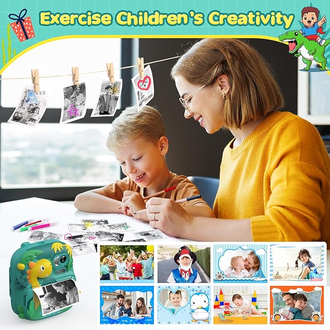 Kids Camera Instant Print, CAMCLID 2.4 Inch Screen Camera for Kids Dinosaur Children Digital Camera with 32GB Card & 3 Rolls Paper, Christmas Birthday Gift Toys for Boys Girls 3-12 Age (Green)