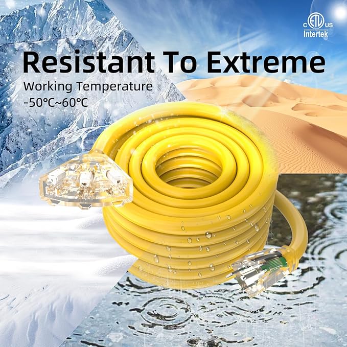 12FT 12 Gauge Heavy Duty Outdoor Extension Cord Waterproof with 3 Outlets & Lighted End, SJTW 15A 1875W 3-Prong Yellow Flexible Power Cord for Indoor Outside Decorations Garage, Garden, ETL