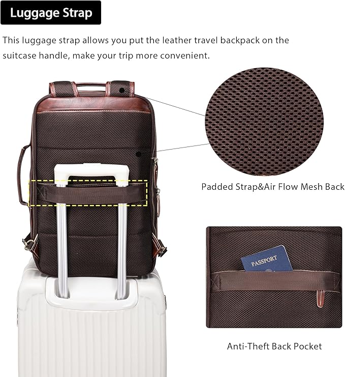 LANNSYNE Vegetable Tanned Leather Backpack for men, Expandable Leather Backpack Fits 15.6 Laptop, Tote Shoulder Travel Bag Rucksack