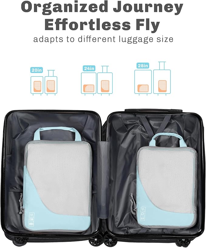 Hynes Eagle 6 Set/ 4 Set/ 2 Set Compression Packing Cubes Travel Essentials Lightweight Nylon Luggage Suitcase Organizer Bag Light Blue 2PCS