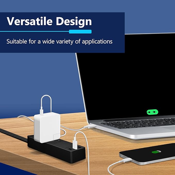 LIDER Outlet Extender with 3 Receptacles, USB Type-A and 2 USB Type-C Port, Ultra-Thin Flat-Plug with Cord Extender, 3-Outlet Power Strip, Slim Angled Design, UL-Listed, 5ft Cord, Black