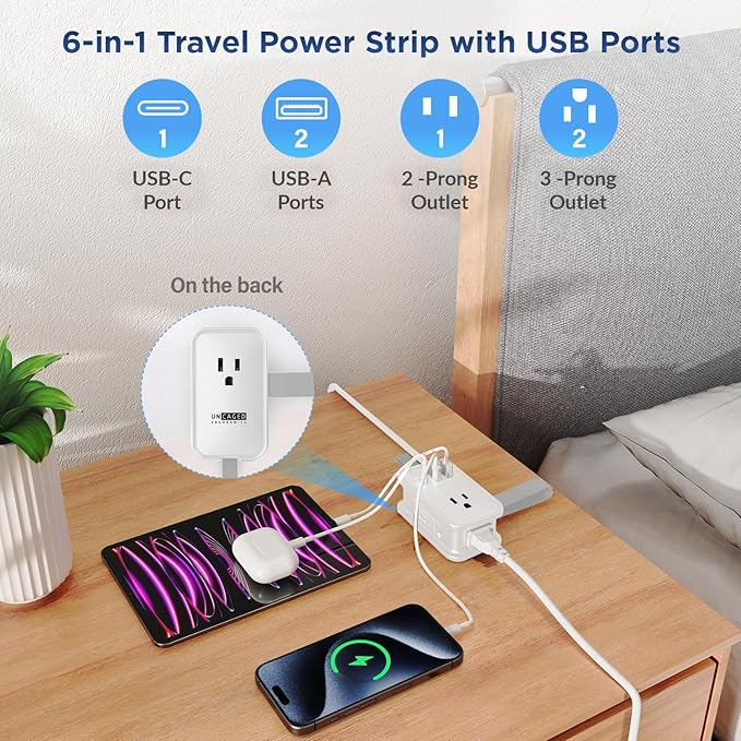 Travel Charger for Multiple Devices, Flat Plug Power Strip 3ft Adapter Extension Cord, 3 AC Outlets, 2 USB & 1 Fast Charging USB-C, No Surge Cruise Approved, Portable Power Strip