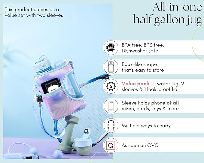 H2O Capsule Half Gallon Cube Square Water Bottle value pack - 2.2L Water Bottle with Strap, 2 Sleeves, Covered Straw Lid – BPA Free Reusable Sports Water Jug with Handle, (68 Ounce)