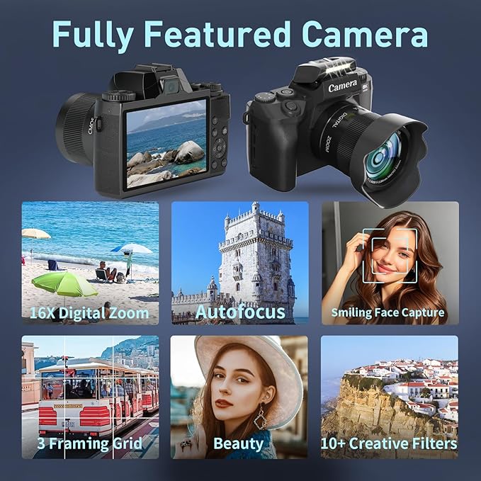 8K Digital Camera for Photography, WiFi & Dual-Lens Vlogging Camera for YouTube with 4" Touch Screen, 64MP Vlog Cameras 16X Digital Zoom with 3000mAh Battery, 32GB TF Card & Lens Hood(Black)