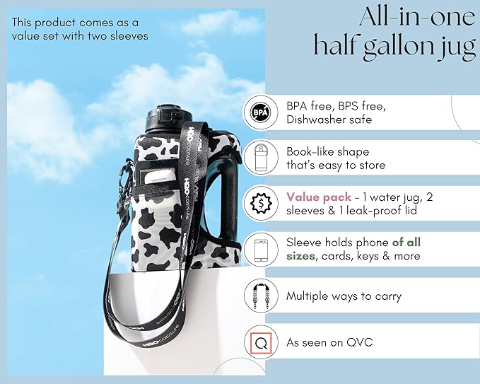 H2O Capsule Half Gallon Cube Square Water Bottle value pack - 2.2L Water Bottle with Strap, 2 Storage Sleeves, Straw Lid – BPA Free Reusable Sports Water Jug with Handle, (68 Ounce)