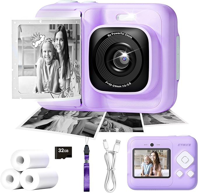 Kids Camera, 1080P Instant Digital Print Camera for Kids, Christmas Birthday Gifts for 4 5 6 7 8 9 10 Year Old Girls Boys, Portable Toy with 32GB SD Card & 3 Rolls Printing Paper, Purple