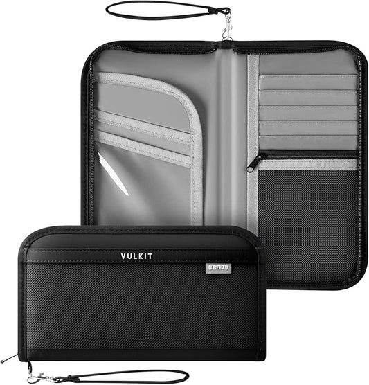 VULKIT Passport Wallet Passport Family Holder RFID Blocking Travel Card Organizer with Wrist Strap for Men or Women(Black)