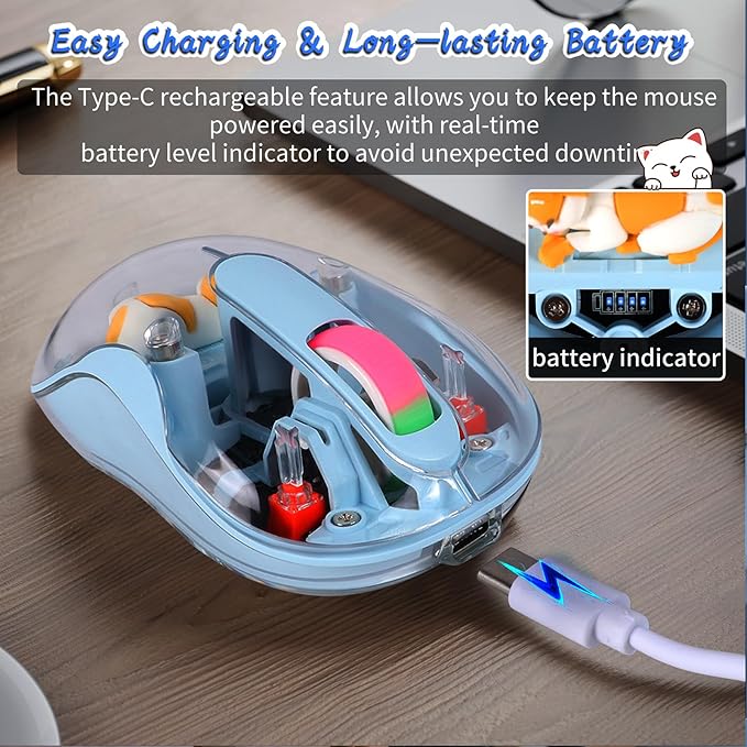elec Space Cute Wireless USB C Mouse - Bluetooth Triple Mode Rechargeable Cartoon Mouse for Laptops, iPads & MacBook Air/Pro - Silent Operation, Portable Design, Unique Magnetic Character (Blue)