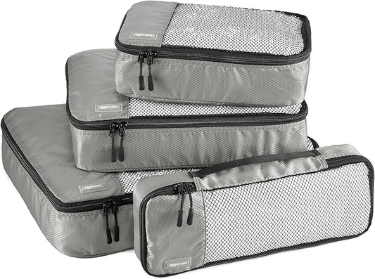 Amazon Essentials 4-Piece Packing Cubes Travel Accessories Set, Luggage Organizer with Double Zipper, Mesh Top, 100% Polyester, Small/Medium/Large/Slim, Gray (Previously Amazon Basics)