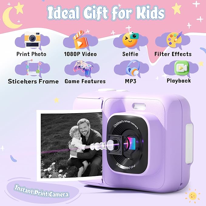 Instant Print Camera for Kids, HD Digital Camera, Christmas Birthday Gifts for 4 5 6 7 8 9 10 Year Old Girls Boys, Portable Toy Camera with 32GB SD Card & 3 Rolls Printing Paper, Violet