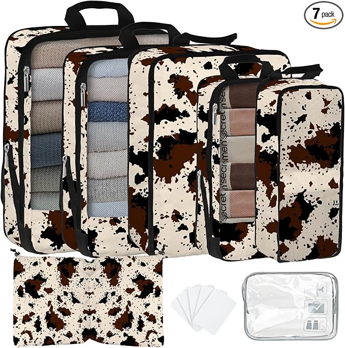 7 Pcs Compression Packing Cubes for Travel, Waterproof Suitcase Luggage Backpack Organizer with Toiletry Bag Travel Essentials for Women/Men-Cow Print
