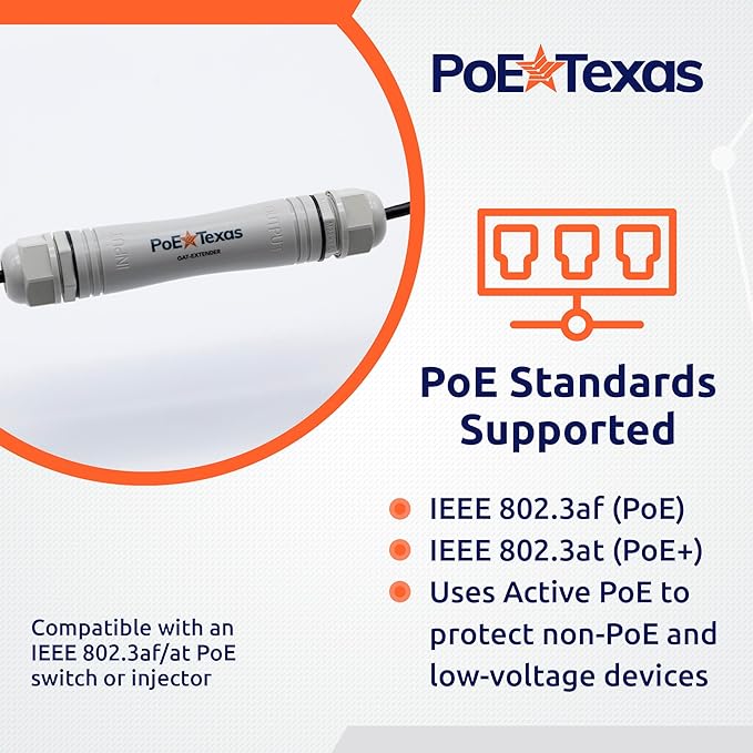 PoE Texas Outdoor PoE Repeater - Plug & Play IP67 Waterproof Extender Expands 22 Watts of Power & Gigabit Data up to 330' to High Powered Devices - Compatible with IEEE 802.3af/at Switch or Injector