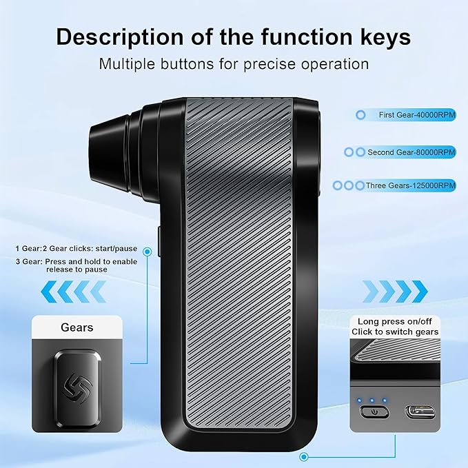 SDFM Compressed Air Duster, 125000RPM Electric Air Duster with Brushless Motor, Contains Multiple nozzles, for Cleaning Keyboard & PC. 3 Adjustable Gears, Rechargeable mini Blower for Car Detail