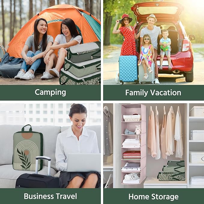 7 Pcs Compression Packing Cubes for Travel, Waterproof Suitcase Luggage Backpack Organizer with Toiletry Bag Travel Essentials for Women/Men-Green Bohemia