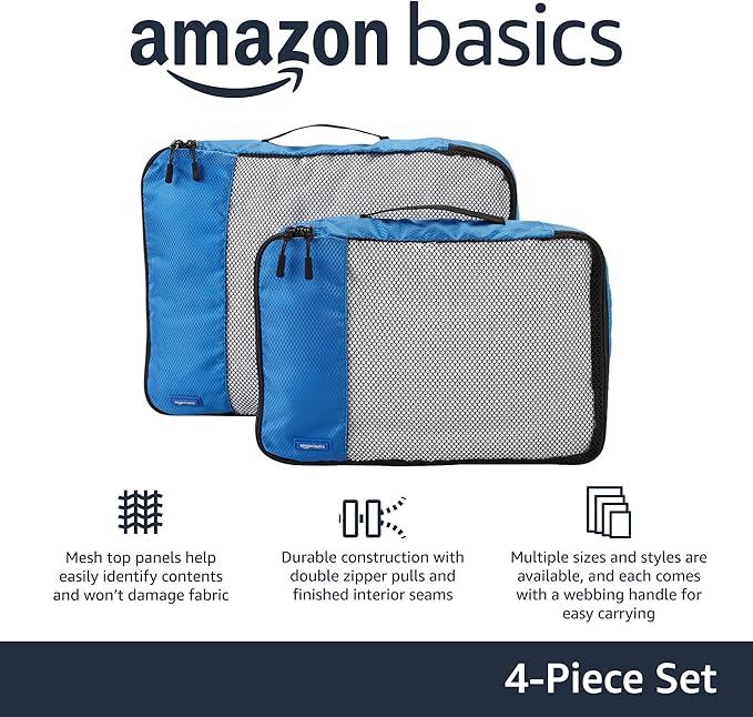Amazon Essentials 4-Piece Packing Cubes Travel Accessories Set, Luggage Organizer with Double Zipper, Mesh Top, 100% Polyester, 2 Medium/2 Large, Blue (Previously Amazon Basics)