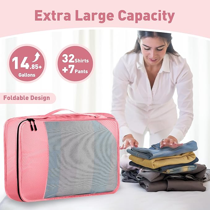 8-Piece Packing Cubes for Travel, Mesh Luggage Organizers with Shoe Bag, Toiletry Bag, Laundry Pouches, 4 Sizes (XL/L/M/S) for Suitcase Organization, Men Women Kids, Pink