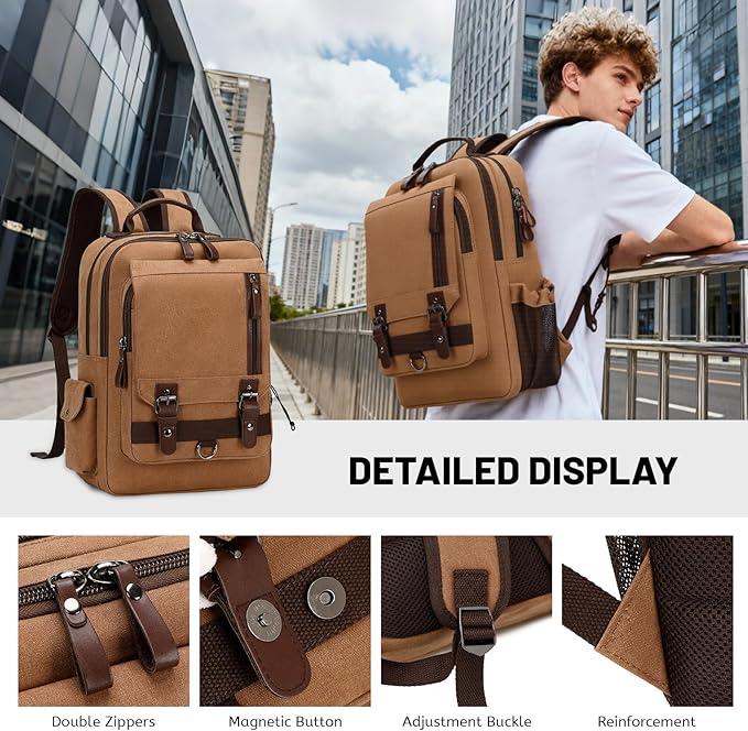Lanola Water-resistant Canvas Backpack with Anti-Theft Pocket, Daypacks Fits 15.6 Inch Laptop for Men Perfect for Work, Travel, Daily Use (Coffee)