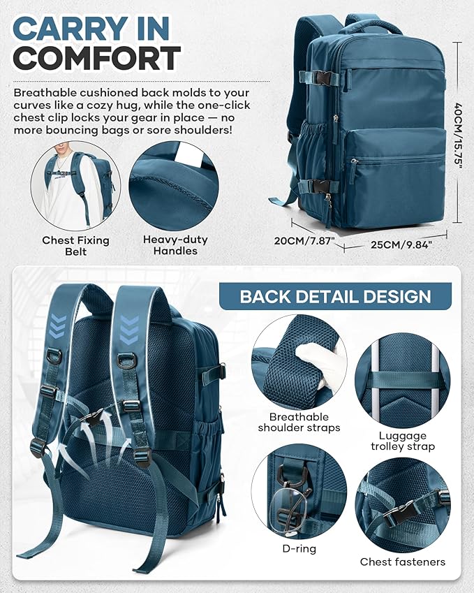 Vacuum Travel Backpack with Pump for Women,Personal Item Carry on Backpacks Flight Approved 18x14x8 inches for Men,Laptop Waterproof Work Compression bags Casual Daypack Blue.