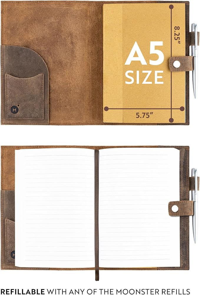 moonster Refillable Leather Journal Embossed Heart Shape Cover Design Journals with Pen – Milled A5 Leather Journal Lined Paper - Journals for Women – Leather Vintage Journal - 320 Pages